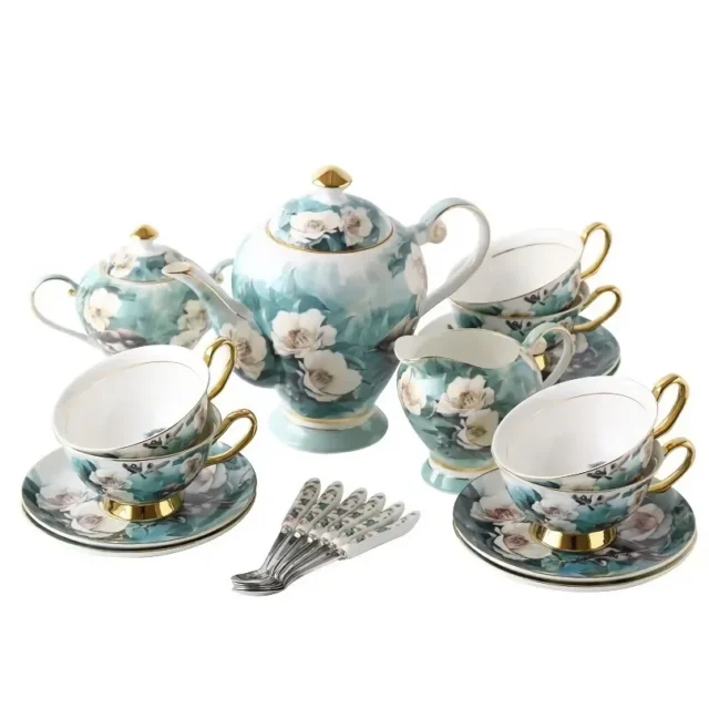 Elegant Bone China Coffee Cup Set with Sugar Jar and Saucer 6